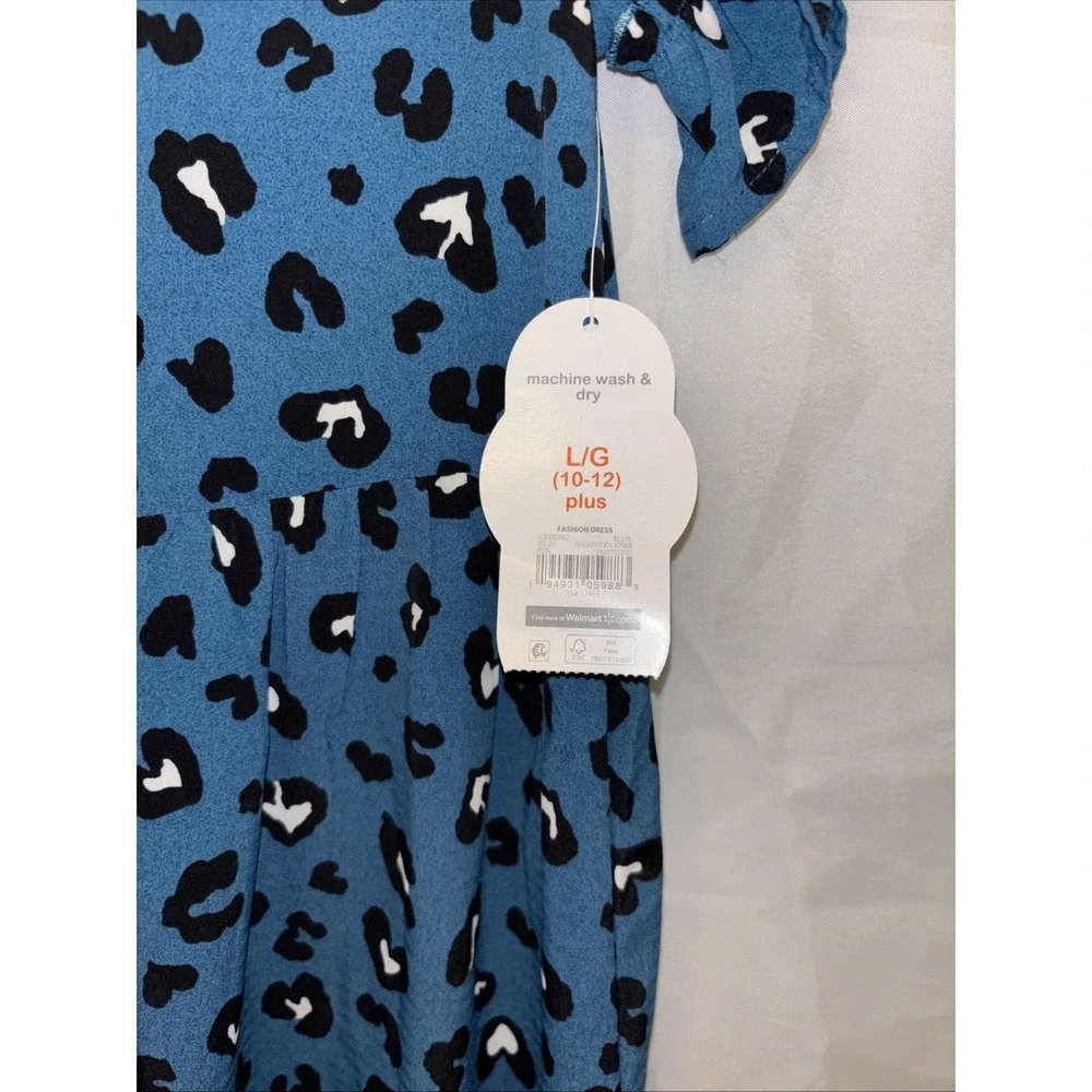 Wonder Nation Girls DARK TEAL BLUE LEOPARD PRINT DRESS Ruffles 10/12 Plus NWT